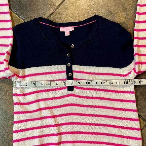 Lilly Pulitzer Long Sleeve Adair Sweater Pink White Stripe Blue Button Top Mediu - Picture 6 of 9
